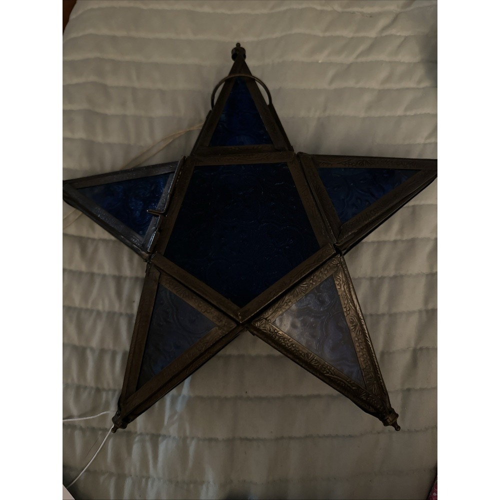 Vintage Moravian Star Lantern Vibrant Bluebrass Candle Holder 1990's 12 X 12 X 3